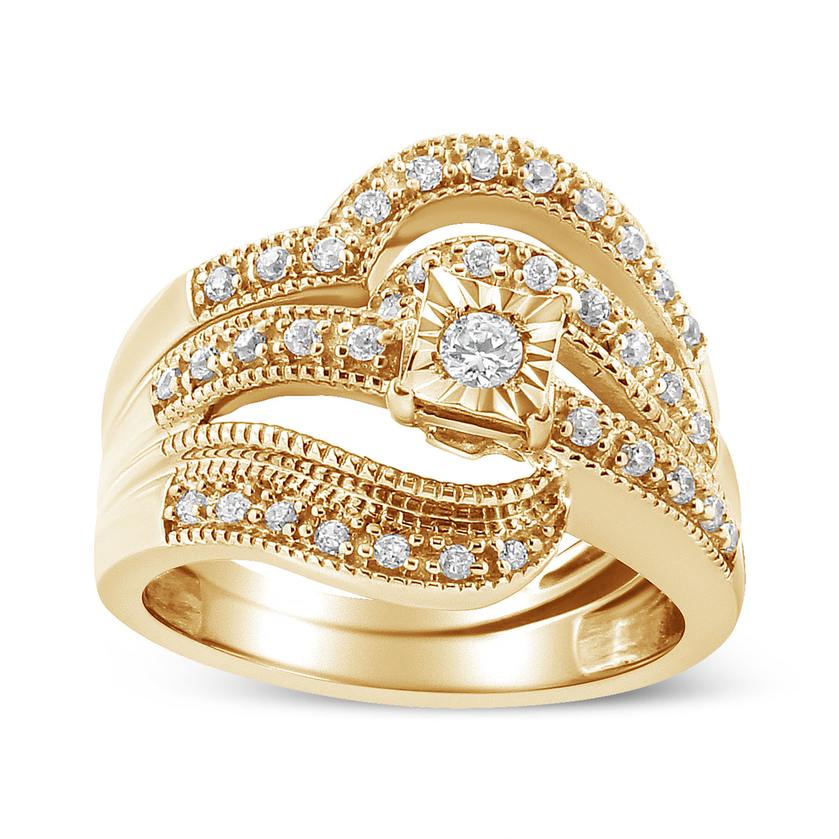 Conjunto de anillo de compromiso y boda de plata de ley .925 con diseño entrecruzado de diamante redondo de 1/3 Cttw (color H-I, claridad I1-I2) - Talla 7