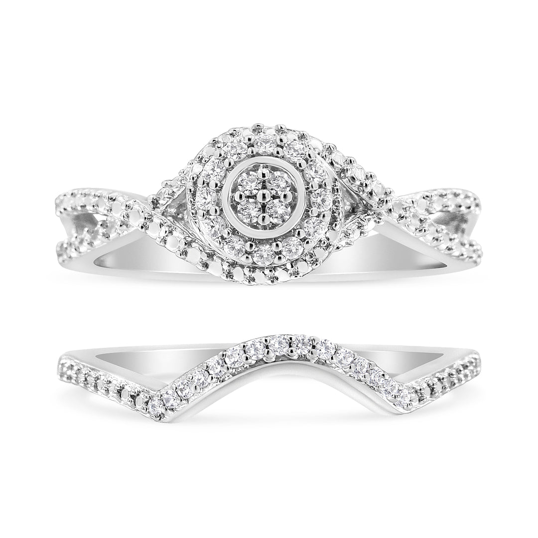 Anillo y banda nupcial de plata de ley 925 con halo de diamante compuesto de 1/6 quilates y vástago dividido (color I-J, claridad I3) - Talla 7