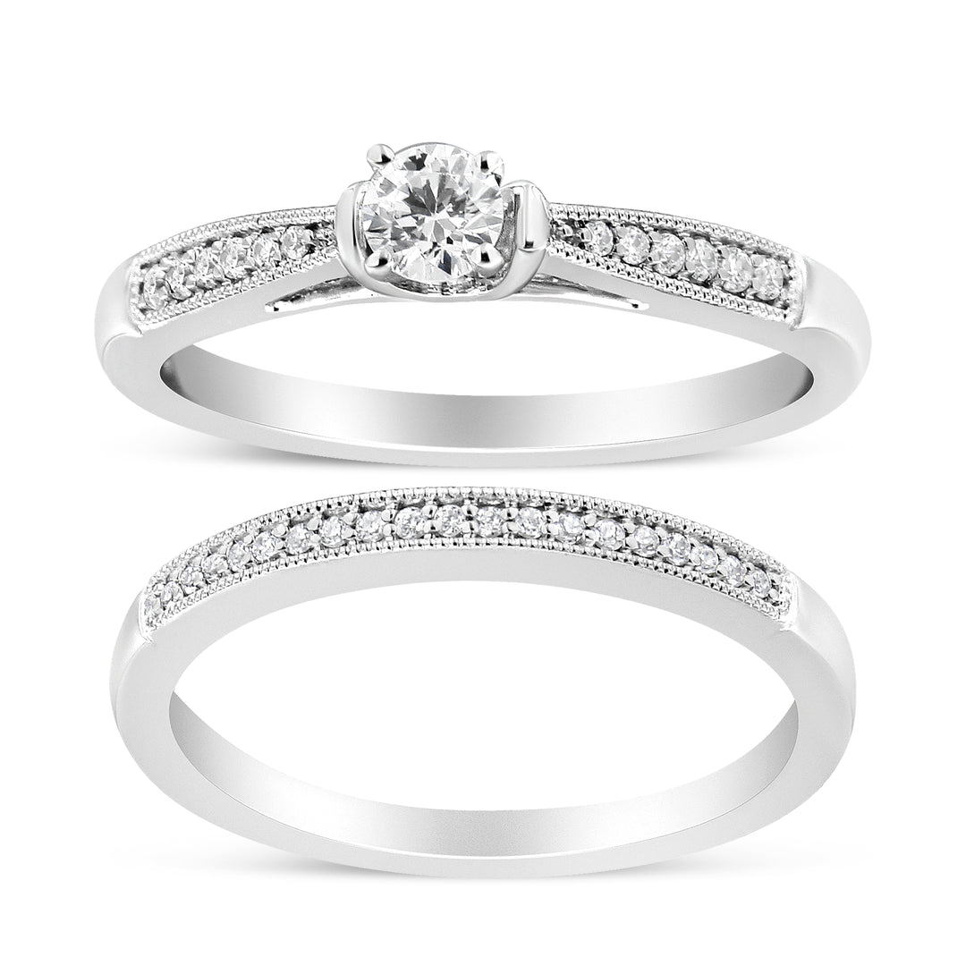 .925 Sterling Silver 1/3 Cttw Diamond Classic Engagement Ring Bridal Set with Milgrain (I-J Color, I3 Clarity) - Ring Size 7