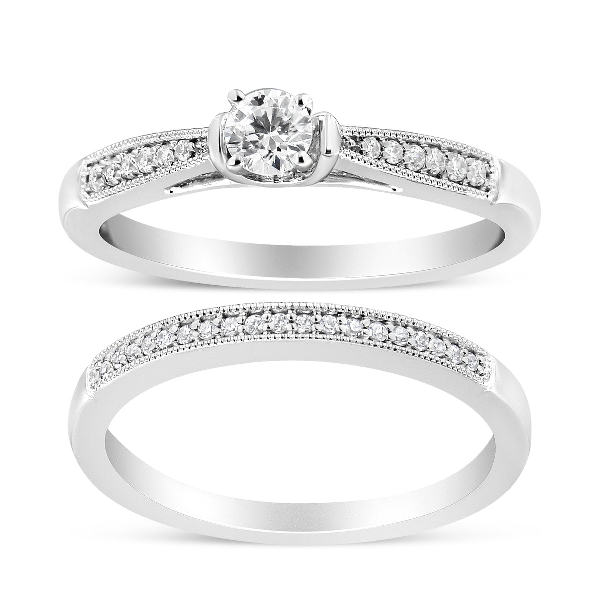 .925 Sterling Silver 1/3 Cttw Diamond Classic Engagement Ring Bridal Set with Milgrain (I-J Color, I3 Clarity) - Ring Size 7 - image 5 of 8