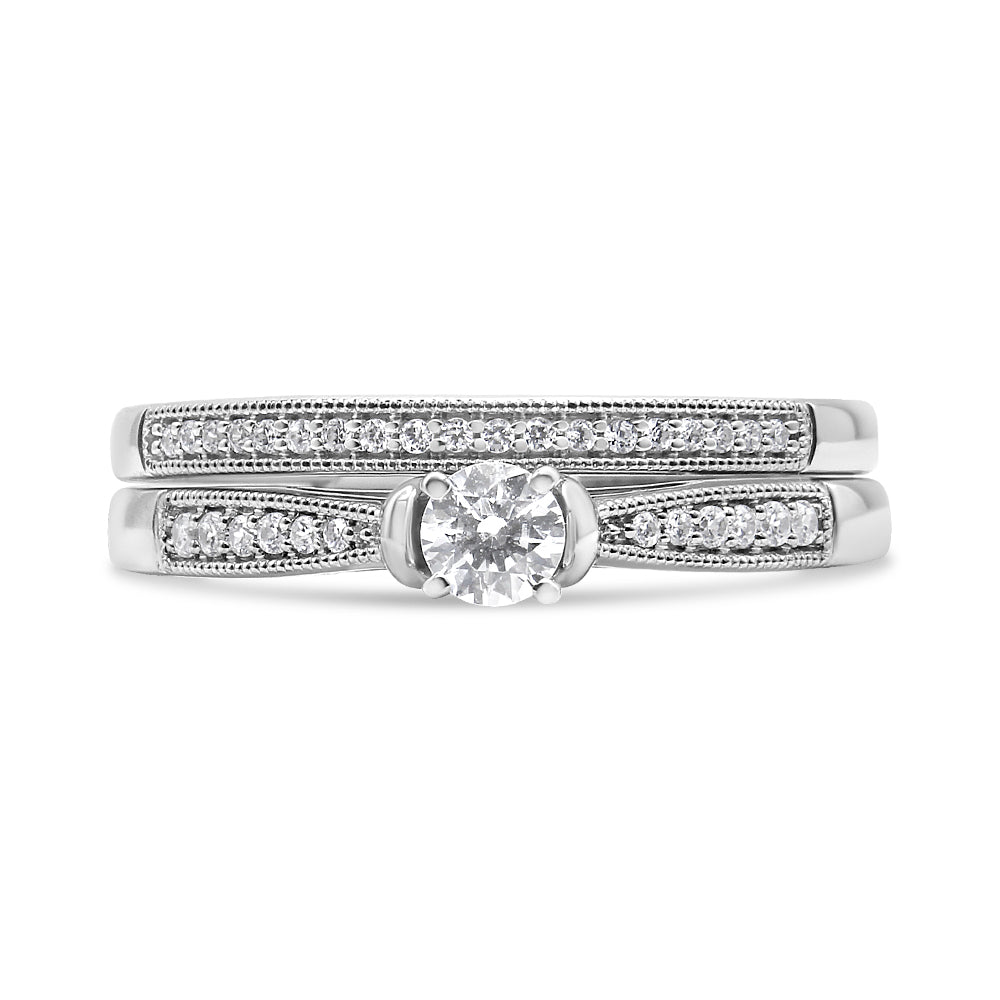 .925 Sterling Silver 1/3 Cttw Diamond Classic Engagement Ring Bridal Set with Milgrain (I-J Color, I3 Clarity) - Ring Size 7 - image 8 of 8