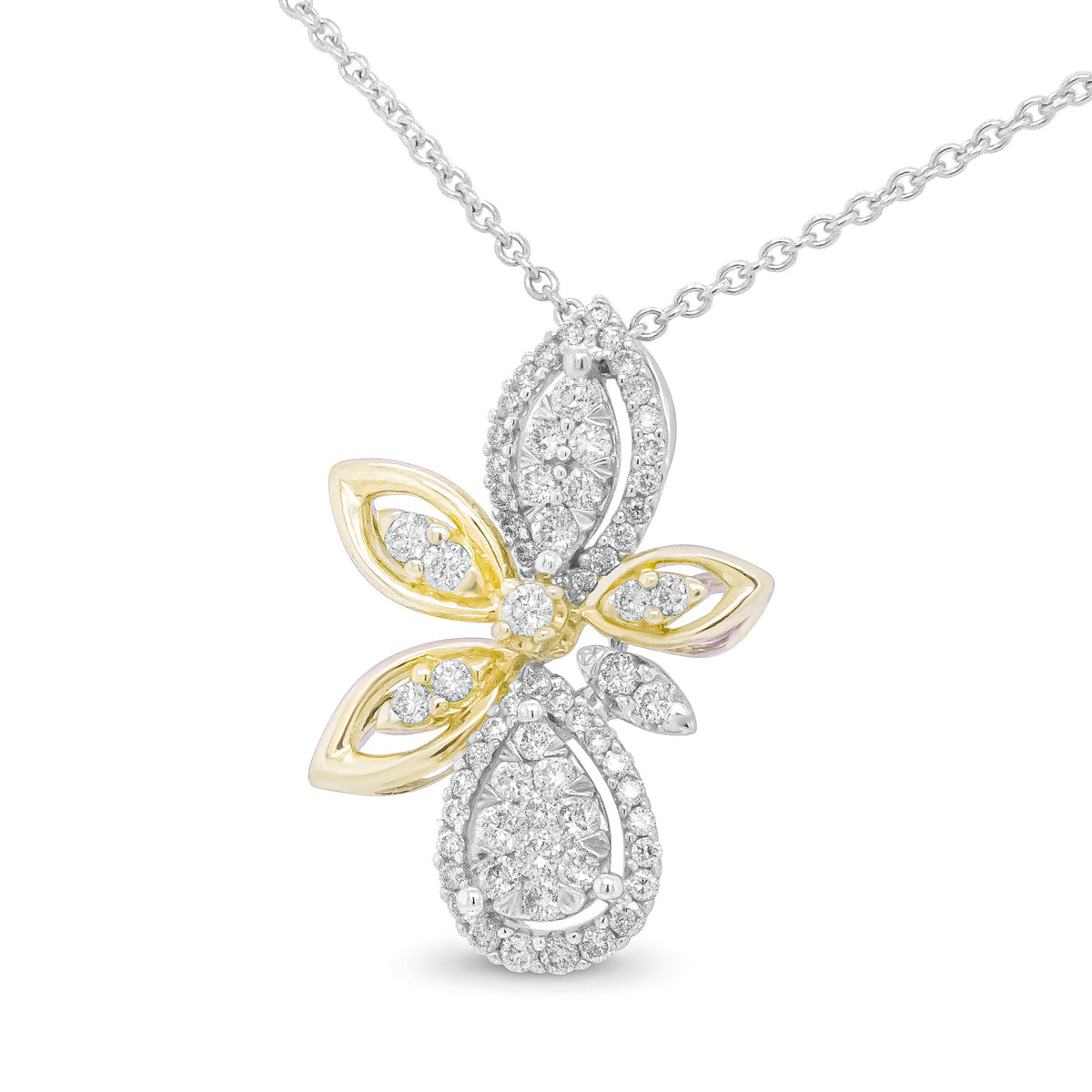 Collar con colgante de oro blanco y amarillo de 14K con diamantes redondos de 5/8 Cttw estilo marquesa floral de 45 cm (Color H-I, Claridad I1-I2)