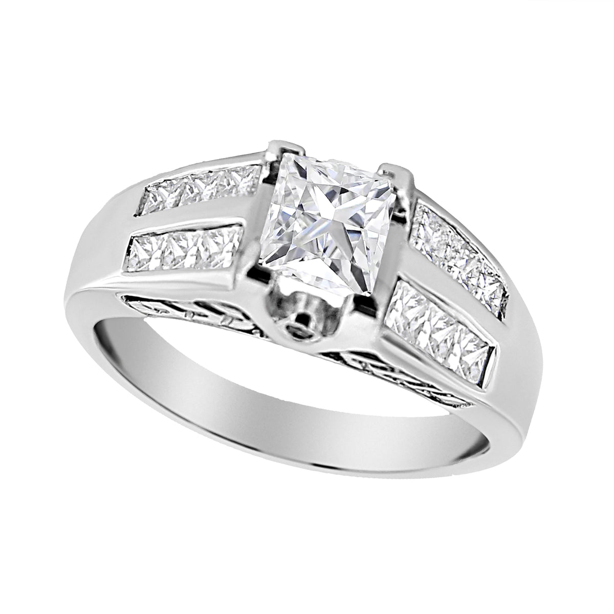 Anillo de compromiso de oro blanco de 14K con diamantes de talla princesa de 1 1/4 Cttw engastados en carril (color H-I, claridad SI1-SI2) - Talla 7