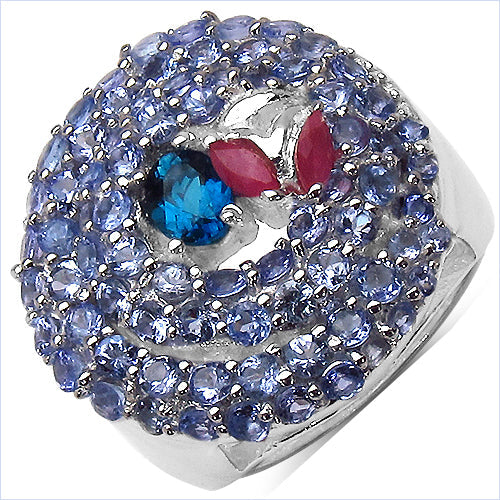 Anillo de Plata Fina de .925 con Topacio Azul Londres Genuino de 3.31 Quilates, Rubí y Tanzanita