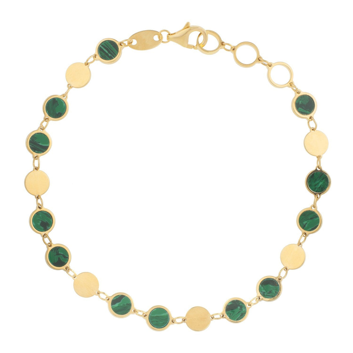 Pulsera de cadena de oro amarillo de 14k con malaquita, gema de espejo geométrica (5.00 mm)