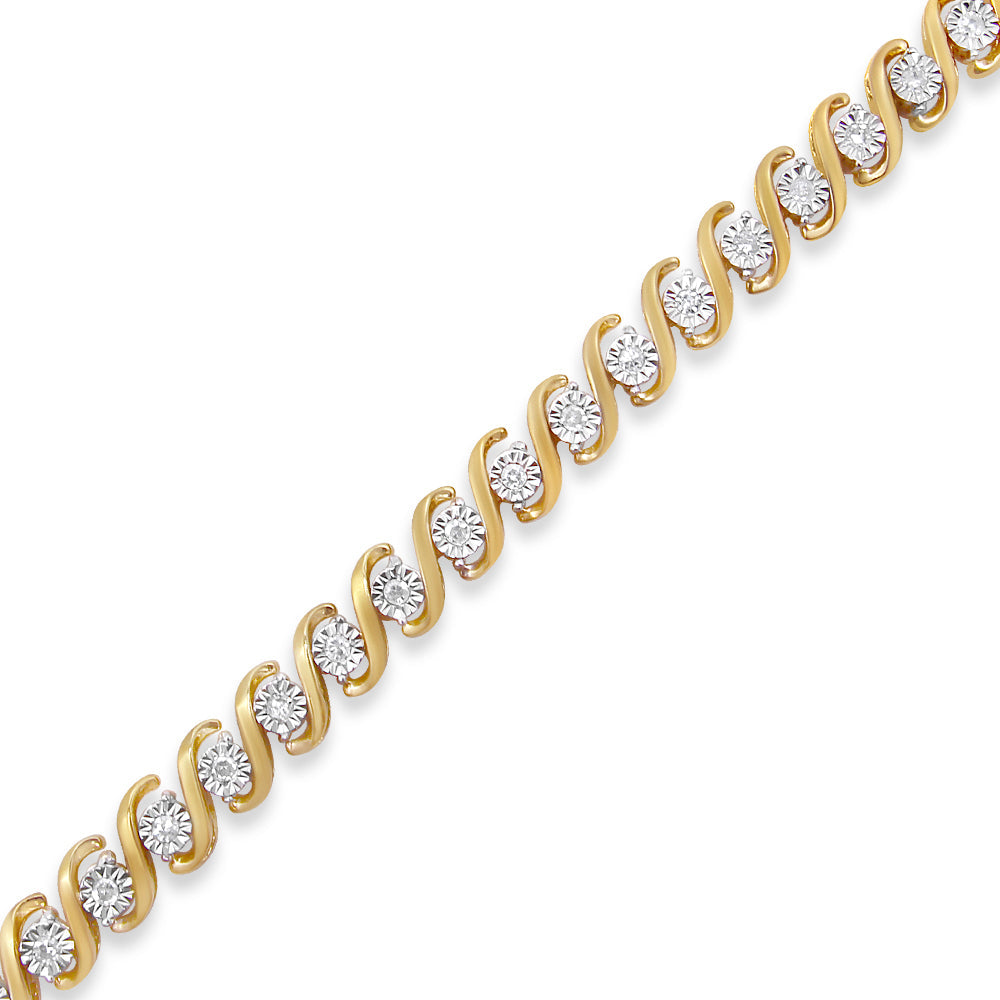 Pulsera de tenis de oro amarillo de 14 quilates chapado en plata de ley .925 con diamantes redondos de 1/2 quilate engarzados en milagro, en forma de S (color I-J, claridad I3) - 7"