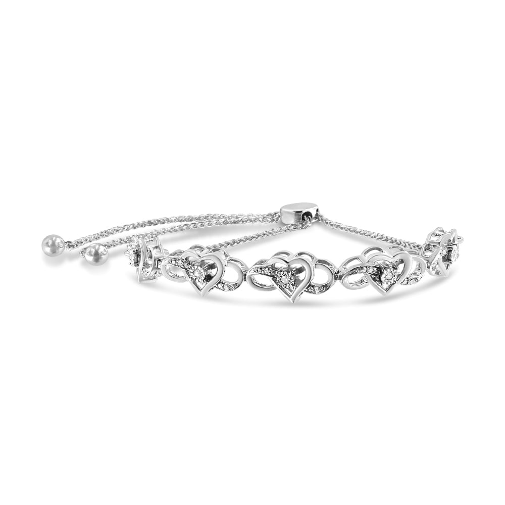 Pulsera Bolo de Tenis Ajustable de Plata Fina .925 con Acentos de Diamantes en Infinito Entrelazado y Corazón de 4" a 10" (Color H-I, Claridad I2-I3)