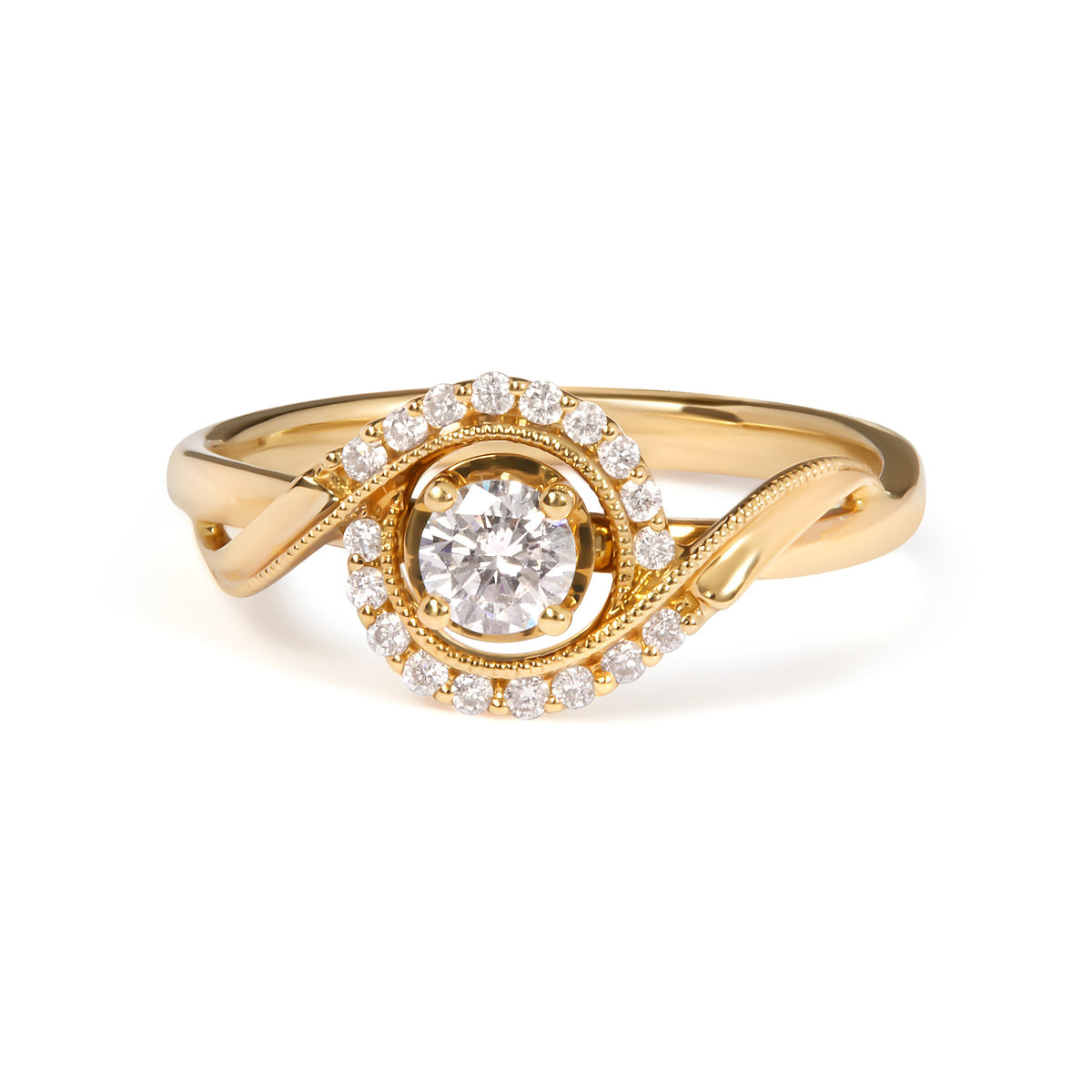 Anillo de compromiso con solitario y halo de remolino de oro amarillo de 14 quilates con diamantes de 1/3 Cttw (color G-H, claridad VS2-SI1) - Talla 7