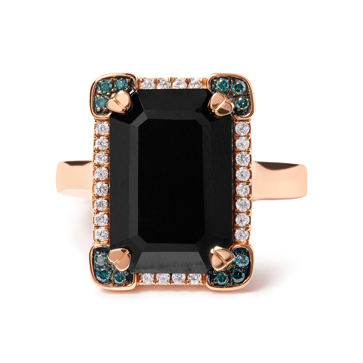Anillo de cóctel de oro rosa de 14 quilates con ónix negro talla esmeralda de 15x10 mm y halo de diamantes azules y blancos de 1/5 quilates (color G-H, claridad SI1-SI2) - Talla 7