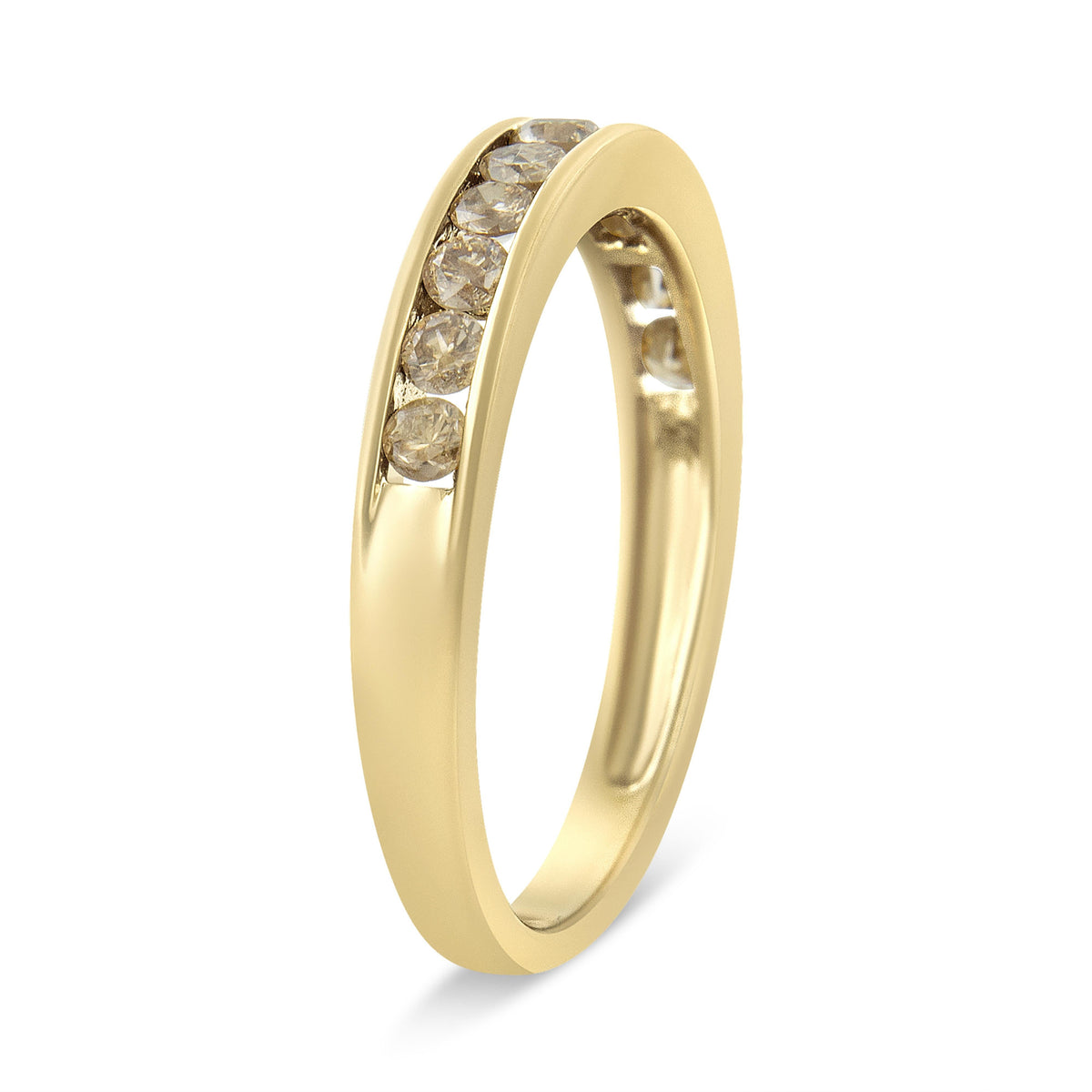 Anillo de oro amarillo de 14 quilates laminado en plata esterlina .925 con diamantes redondos color champán de 1/2 quilate engarzados en canal, 11 piedras (color K-L, claridad I1-I2) - Talla 7