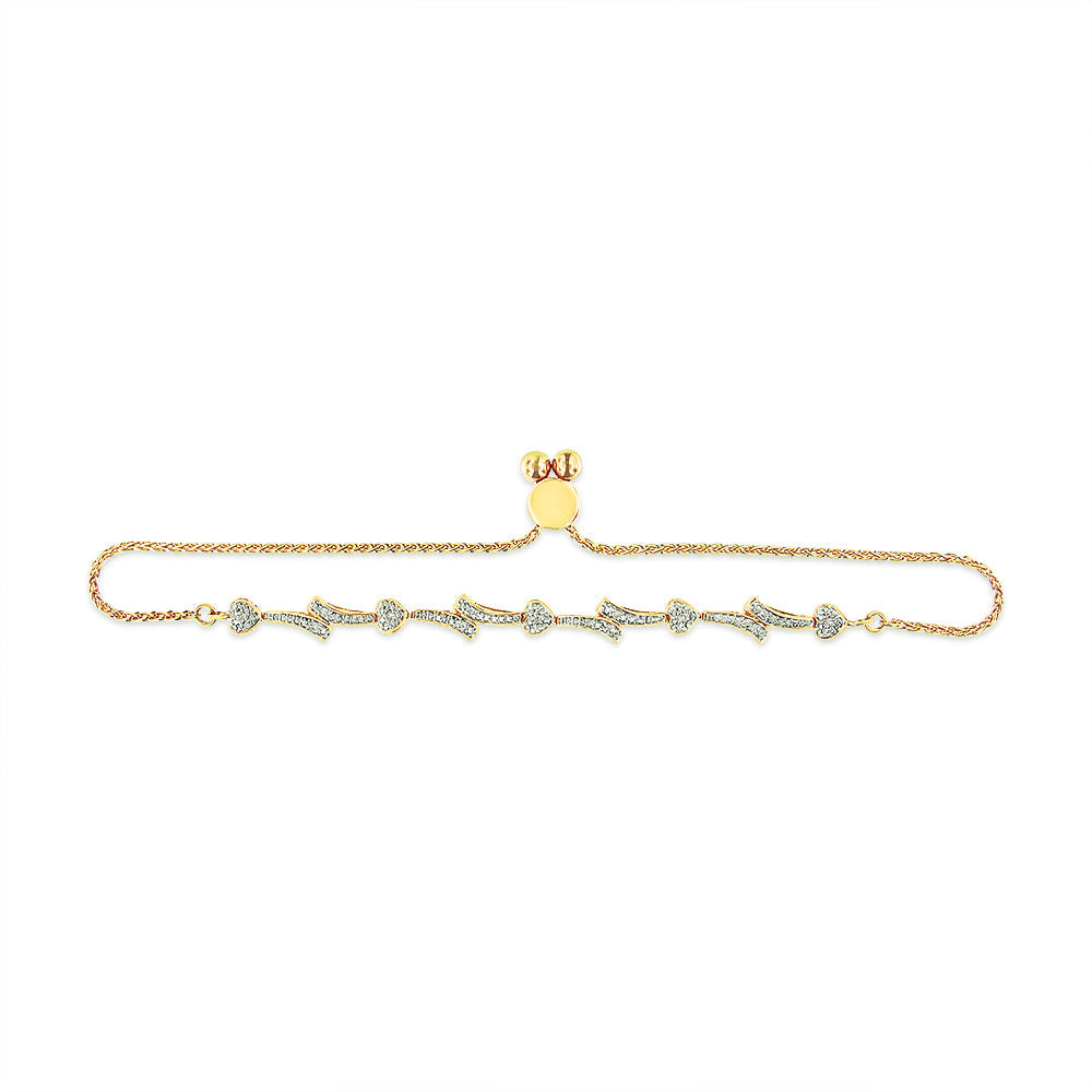 Pulsera de bolo con corazón y onda chapada en oro amarillo de 14 quilates sobre plata de ley .925 con acento de diamante (color I-J, claridad I2-I3) - Ajustable de 6" a 9"