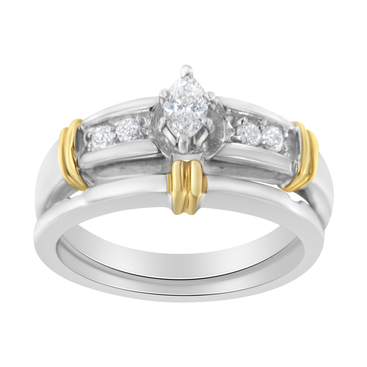 Anillo de compromiso y cóctel con diamantes marquesa de 1/3 Cttw de oro amarillo y blanco de 14K (color H-I, claridad SI1-SI2) - Talla 7