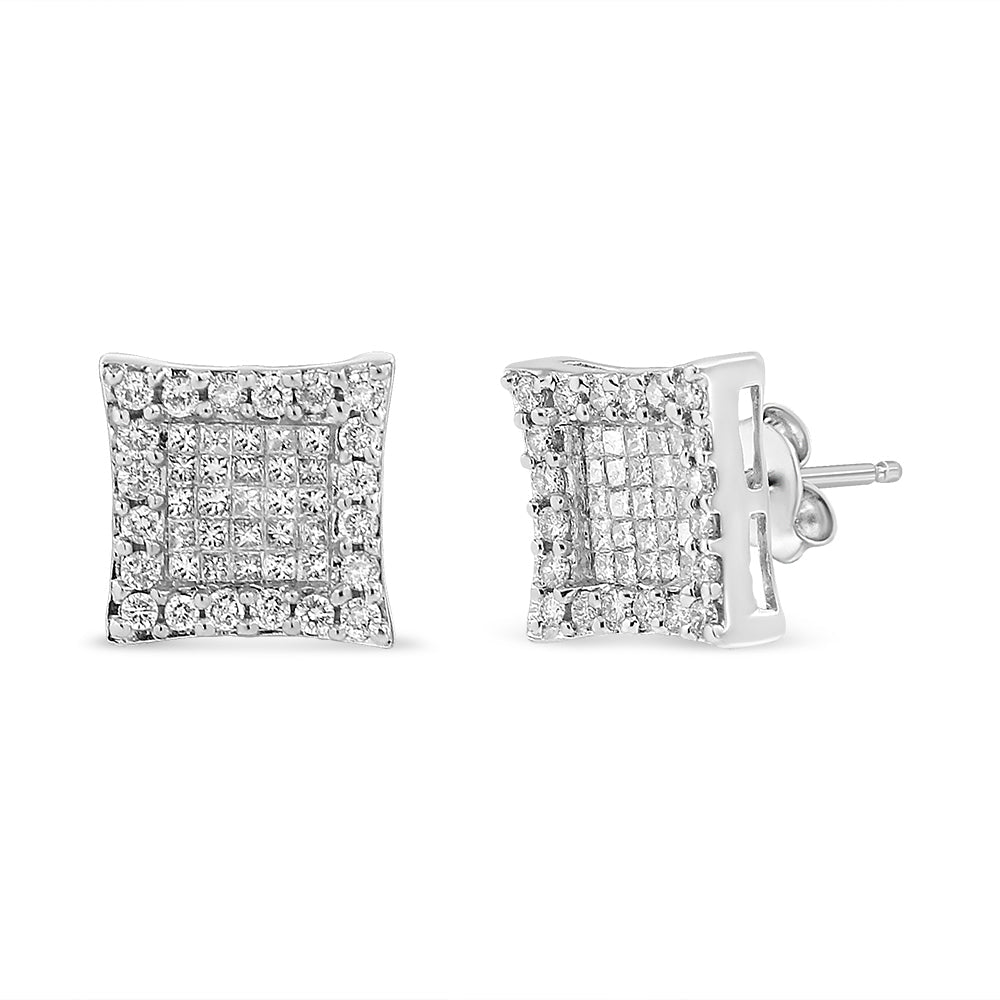 Pendientes de tuerca cuadrados con halo de diamantes redondos y de talla princesa de 1,00 quilates de oro blanco de 18 quilates (color G-H, claridad SI1-SI2)