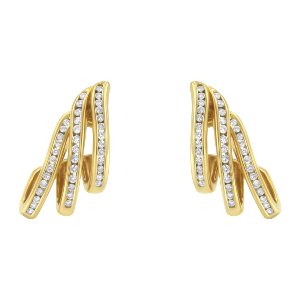 10K Yellow Gold 1.0 Cttw Round Brilliant Cut Diamond Spiral Multi Row Channel Set Open Hoop Pushback Stud Earrings (H-I Color, I1-I2 Clarity)