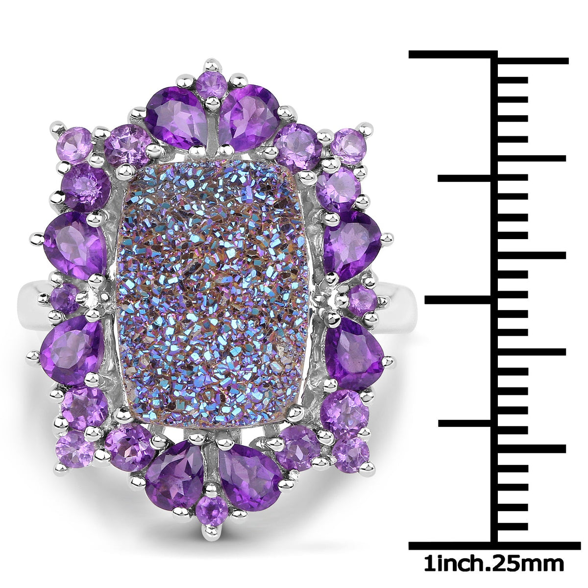 Anillo de plata de ley .925 con amatista y cuarzo drusa auténtico de 5.97 quilates