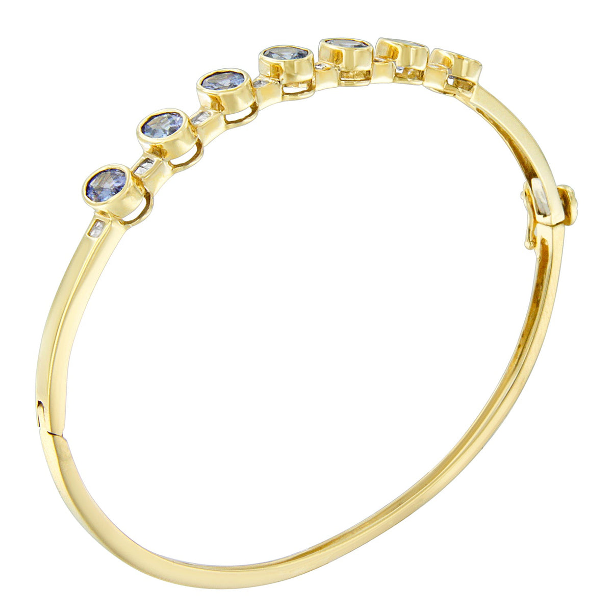 Pulsera esclava de oro amarillo de 14K con tanzanita ovalada de 5MM engastada en bisel alterno y diamantes de 1/5 Cttw (Color H-I, Claridad VS2-SI1) - Se adapta a muñecas de hasta 7.25 pulgadas