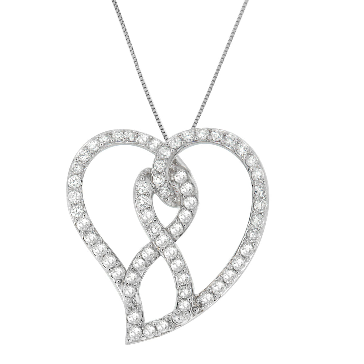 Collar con colgante de oro blanco de 14K con lazo de concientización y corazón abierto de diamantes blancos de 1,0 Cttw y 45 cm (color H-I, claridad I1-I2) - Lazo de diamante blanco