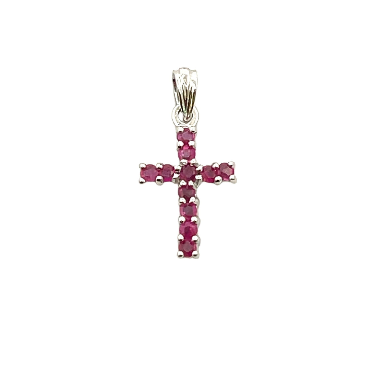 Colgante religioso de cruz con rubí de 0,21 ct en oro blanco de 10 kt