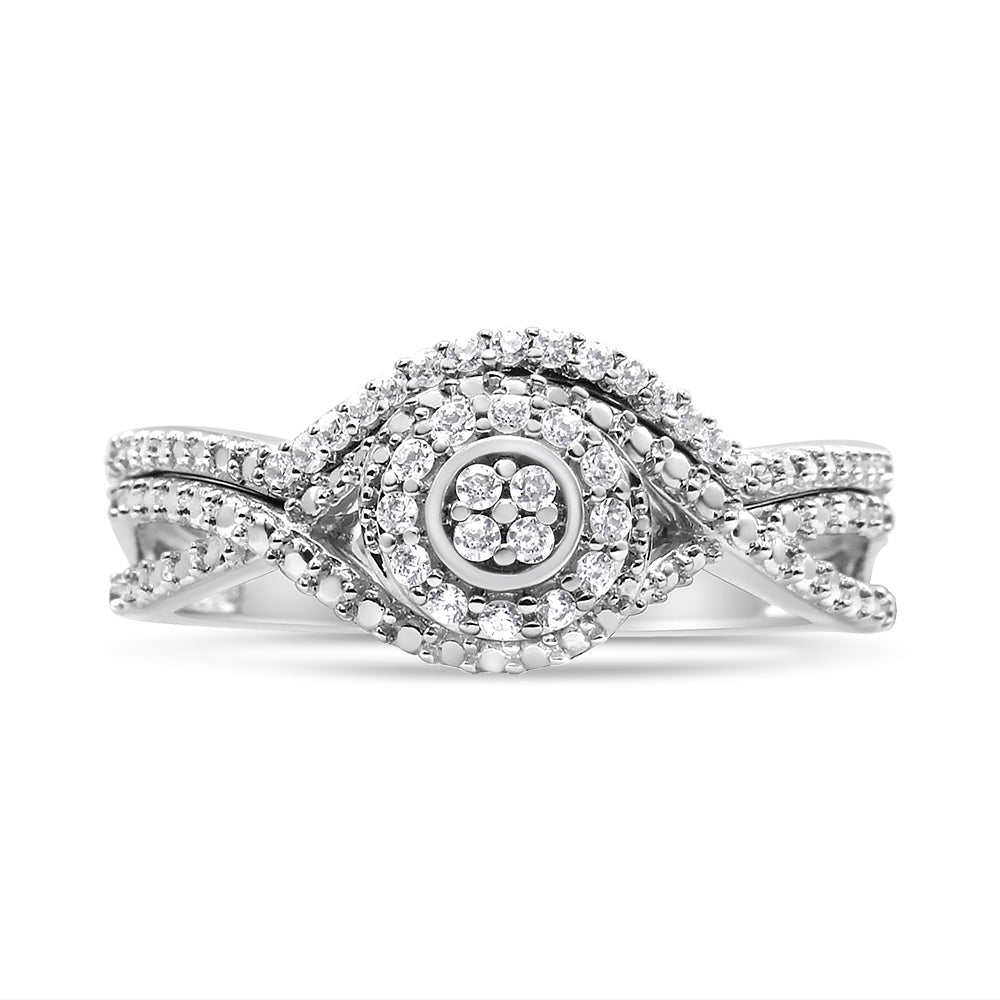 Anillo y banda nupcial de plata de ley 925 con halo de diamante compuesto de 1/6 quilates y vástago dividido (color I-J, claridad I3) - Talla 7