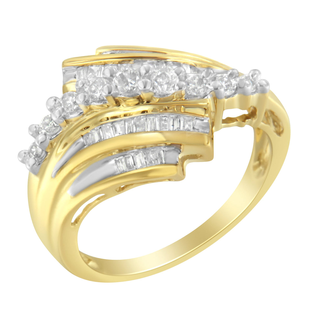 Anillo de oro amarillo de 10K con diamantes redondos y de talla baguette (1/2 qt, color I-J, claridad I1-I2) - Talla 7