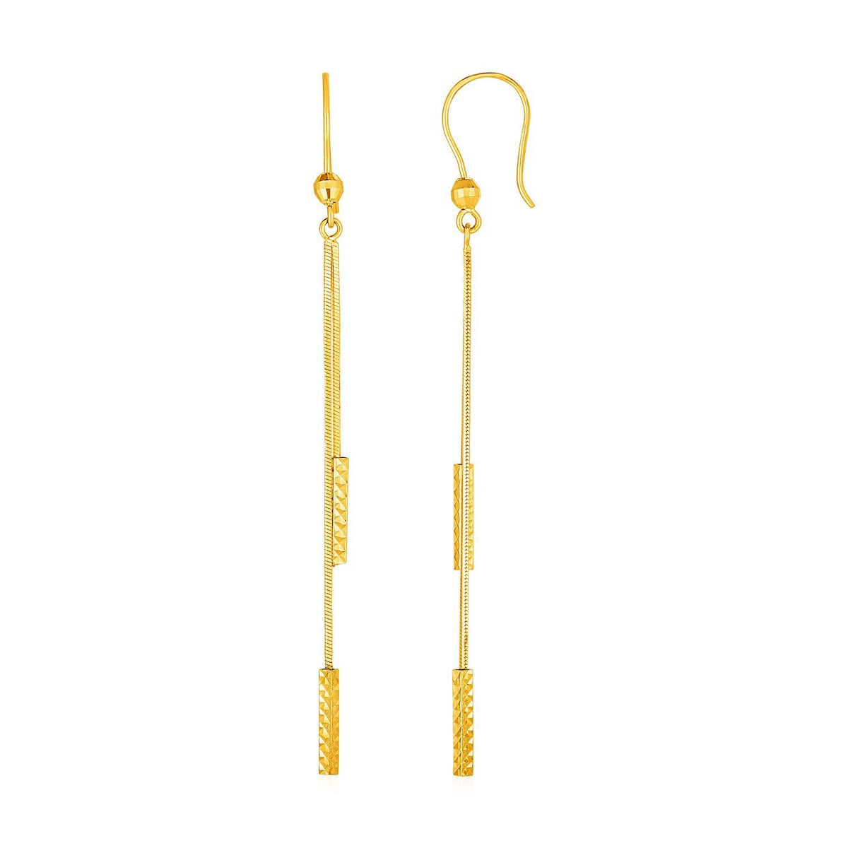 Aretes largos con barra texturizada en oro amarillo de 14k