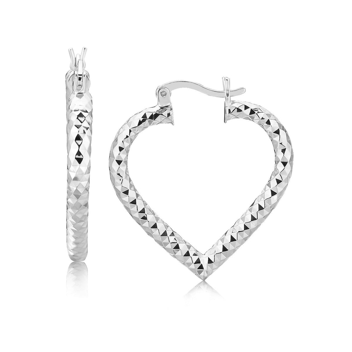 Pendientes de aro de plata de ley con corte de diamante, estilo corazón y baño de rodio