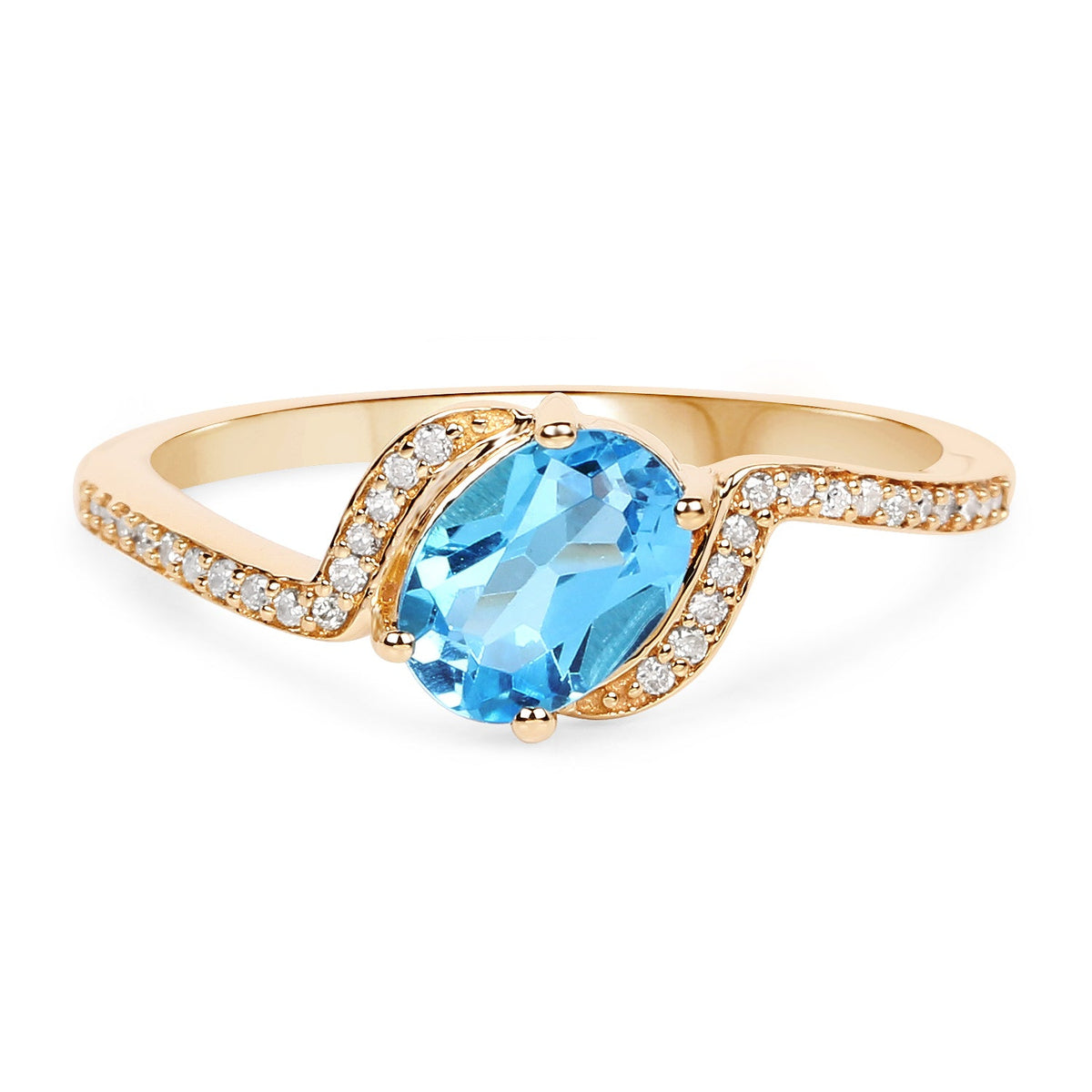 Anillo de oro amarillo de 14 quilates con topacio azul suizo auténtico de 1,04 quilates y diamante blanco