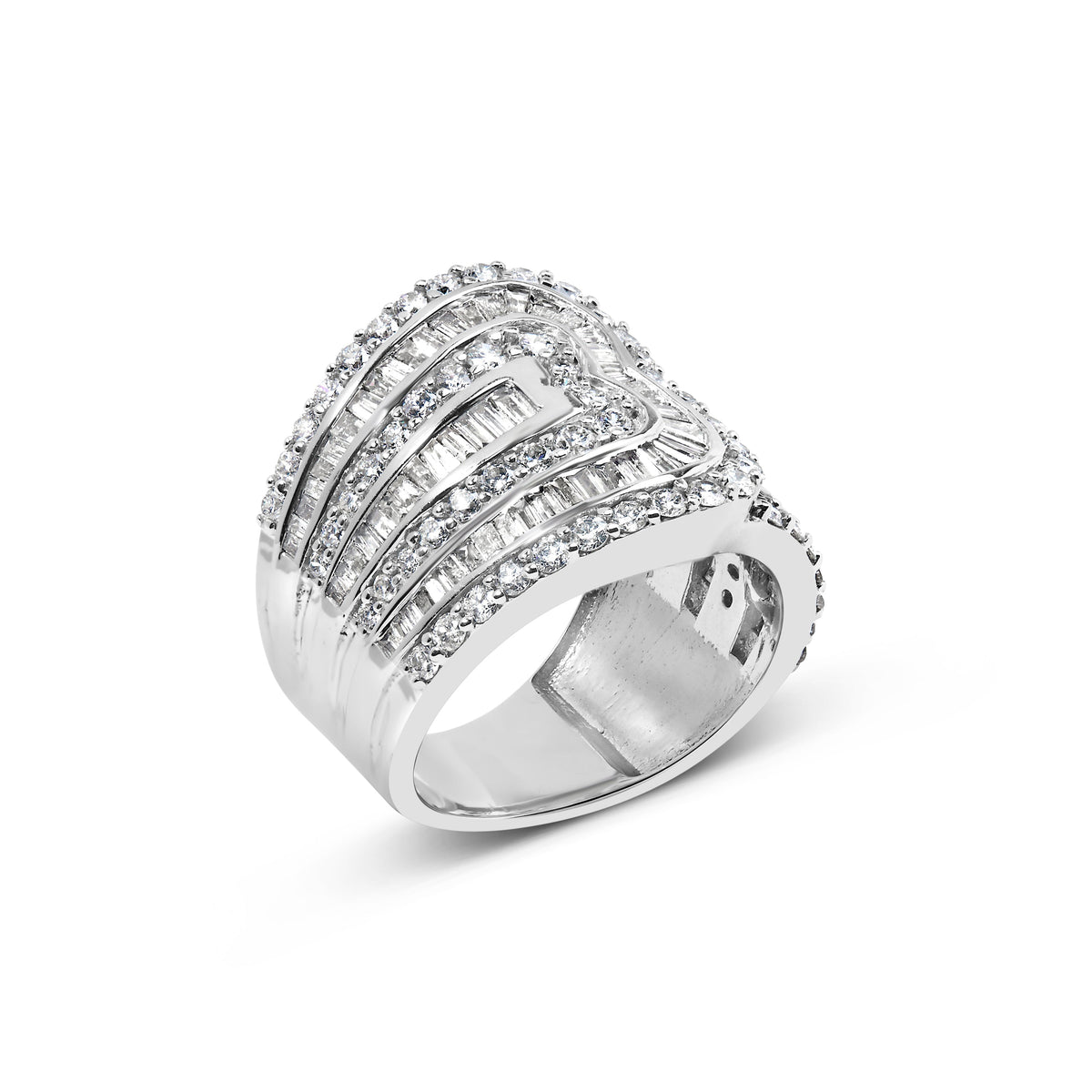 Anillo tipo bypass multihilera de oro blanco de 10K con diamantes redondos y de talla baguette de 2 1/2 ct. (color J-K, claridad I2-I3) - Talla de anillo 7
