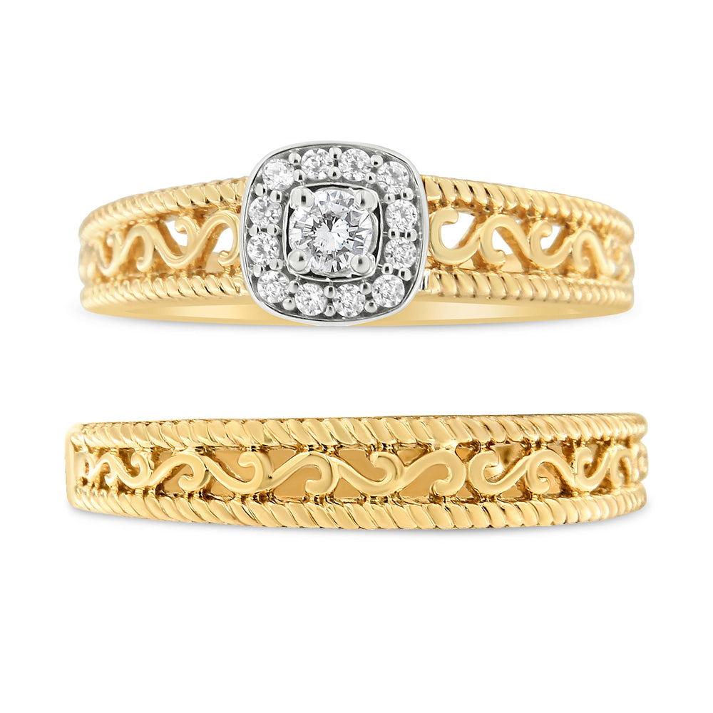 Juego de anillos de compromiso de oro amarillo de 14 quilates con baño de plata esterlina .925, halo de diamante de 1/5 quilates y acabado milgrain (color I-J, claridad I3) - Talla 7