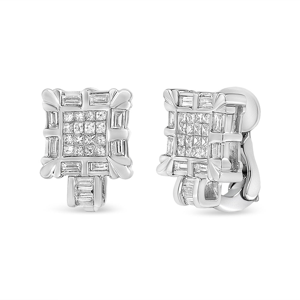 Pendientes de aro Huggie con marco cuadrado de oro blanco de 14 quilates con diamantes de talla princesa y baguette de 1,0 quilates (color H-I, claridad SI1-SI2)