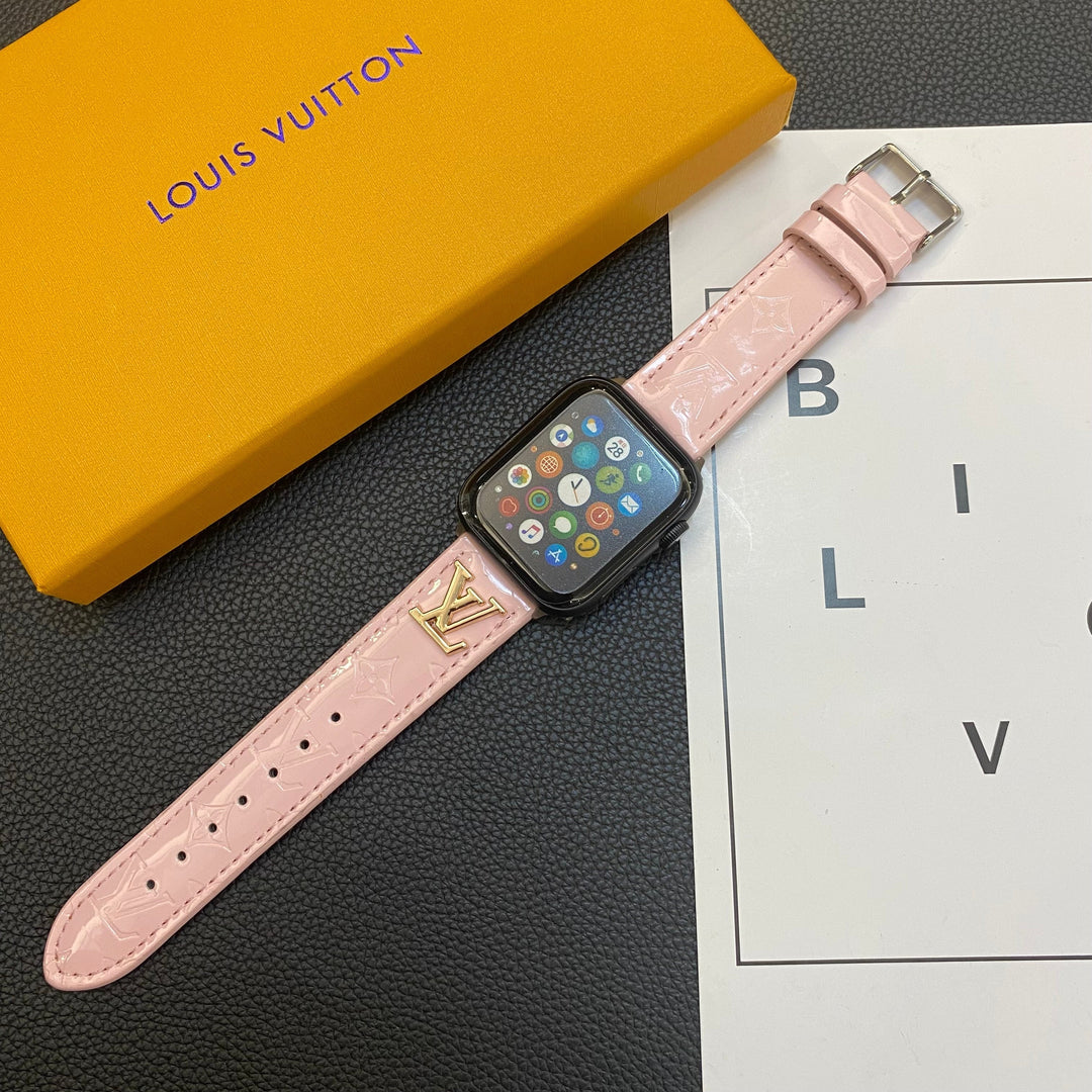 CORREA DE PIEL BRILLANTE PARA APPLE WATCH CON LOGO METÁLICO DE LUJO