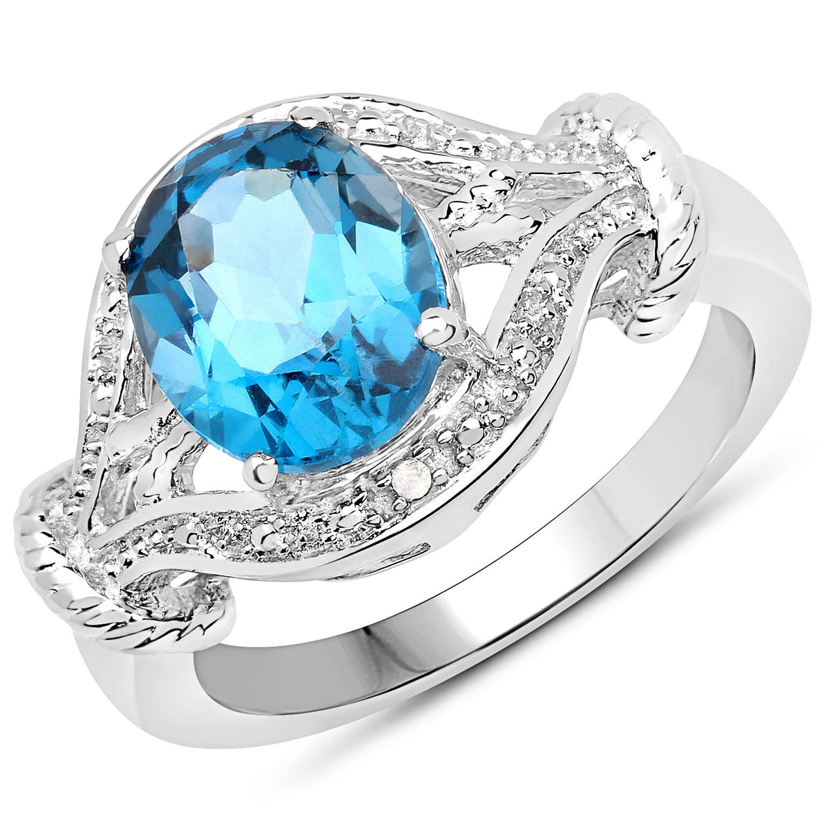 Anillo de plata de ley .925 con topacio azul Londres y diamante blanco genuinos de 3.26 quilates