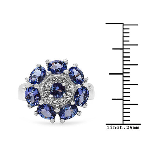 Anillo de Plata de Ley .925 con Tanzanita Genuina de 2.58 Quilates y Topacio Blanco