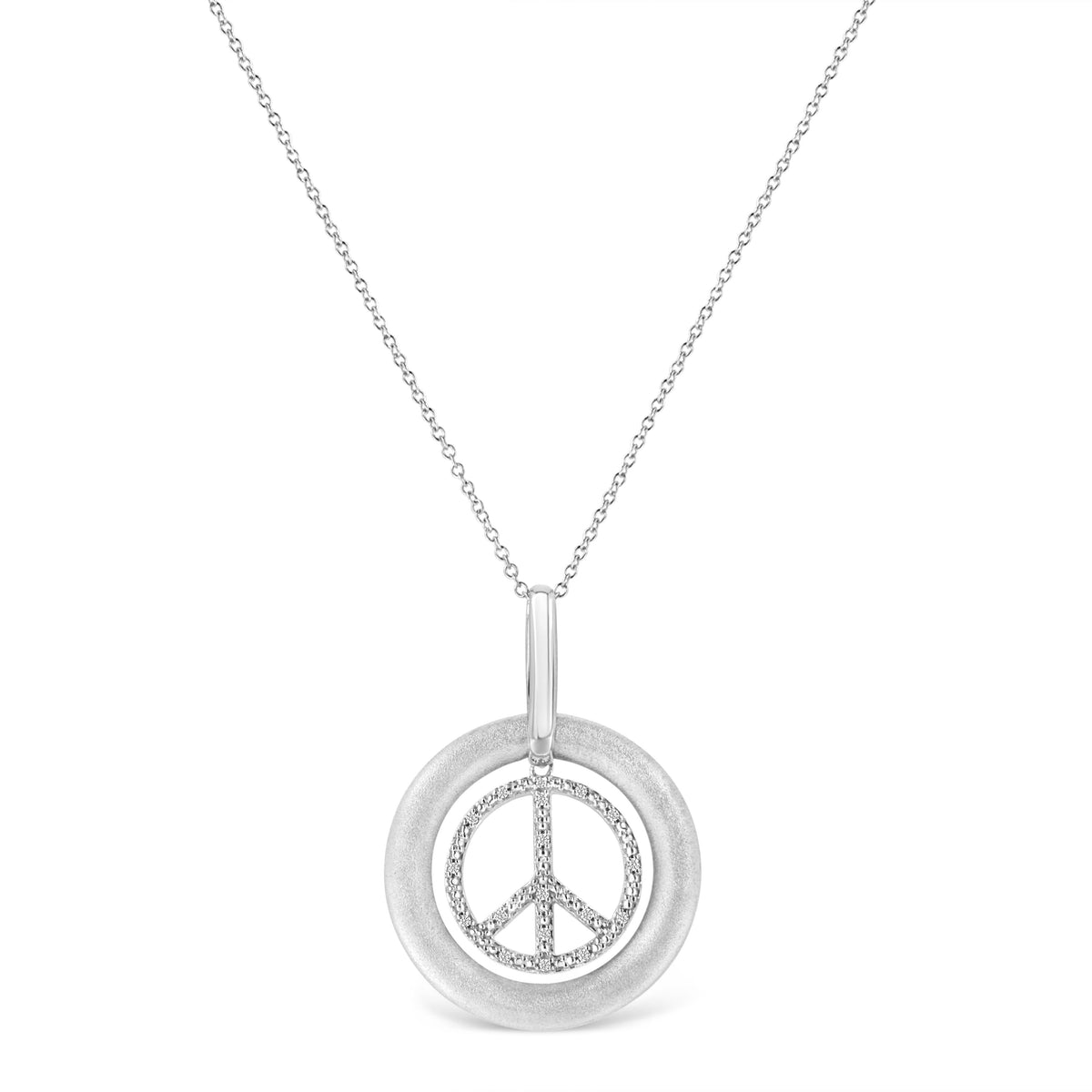 Collar con dije de 18 pulgadas de plata de ley .925 con acabado mate y acento de diamante en forma de símbolo de la paz "bailarín" (color I-J, claridad I1-I2)