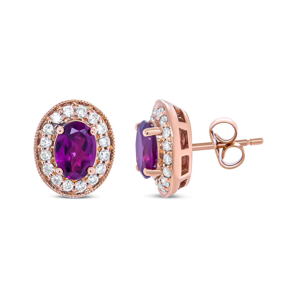 Pendientes de halo de oro rosa de 14 quilates con granate talla oval de 7x5 mm y diamantes redondos de 3/8 quilates (color G-H, claridad SI1-SI2)