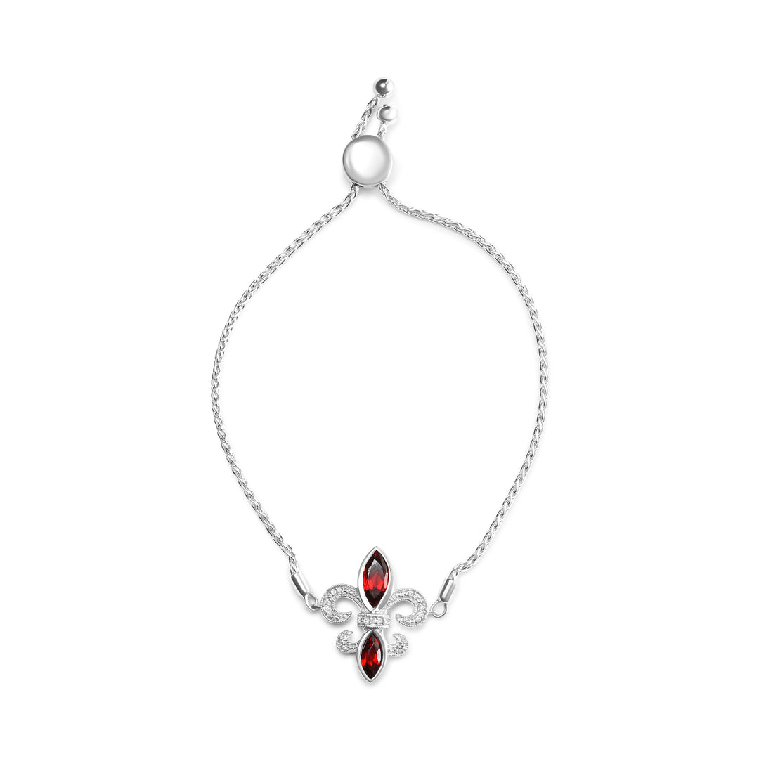 .925 Sterling Silver Marquise Garnet  and Diamond Accent Lariat 4â€-10â€ Fleur De Lis Adjustable Bolo Bracelet (H-I Color, SI1-SI2 Clarity)
