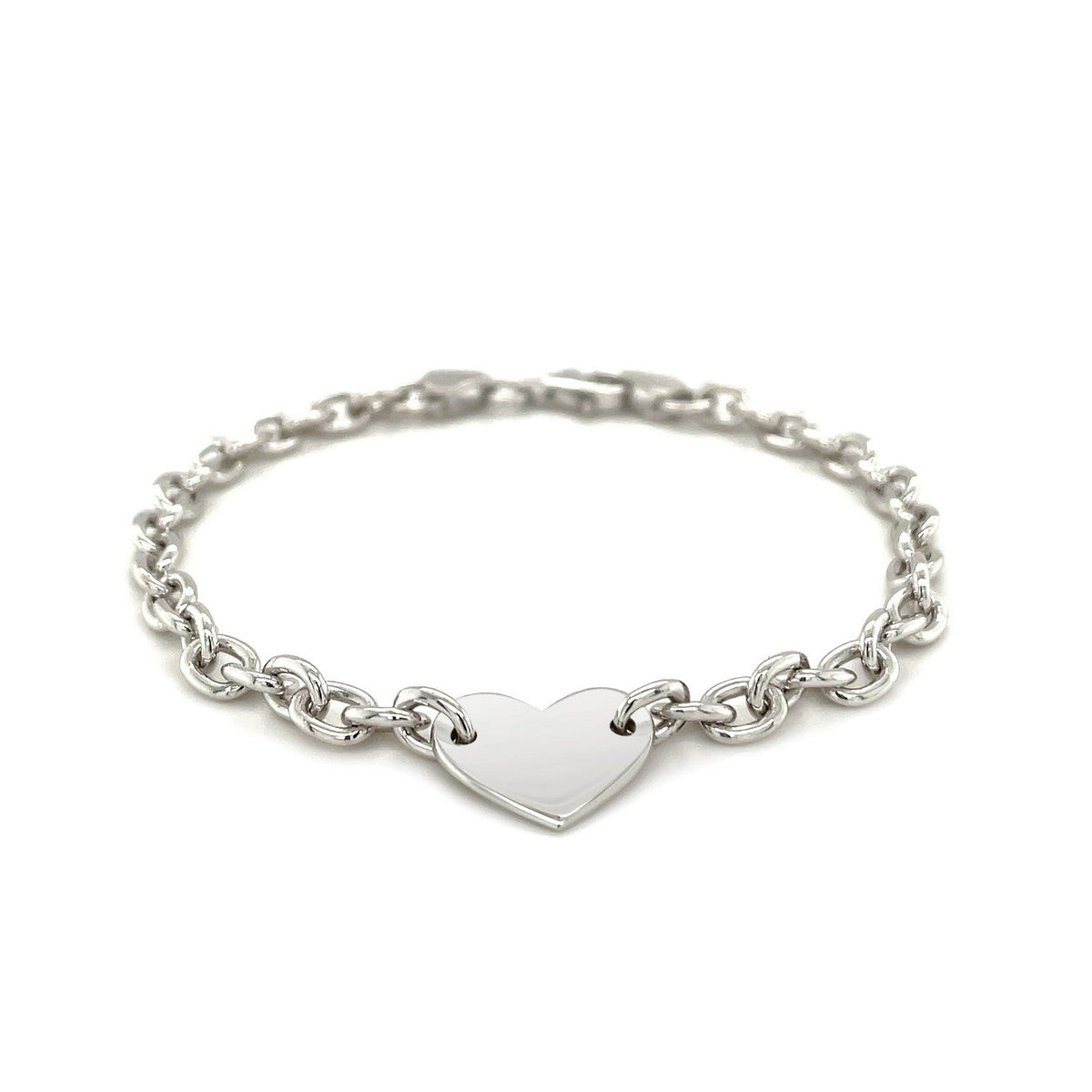 Pulsera de cadena de plata de ley con baño de rodio y corazón plano