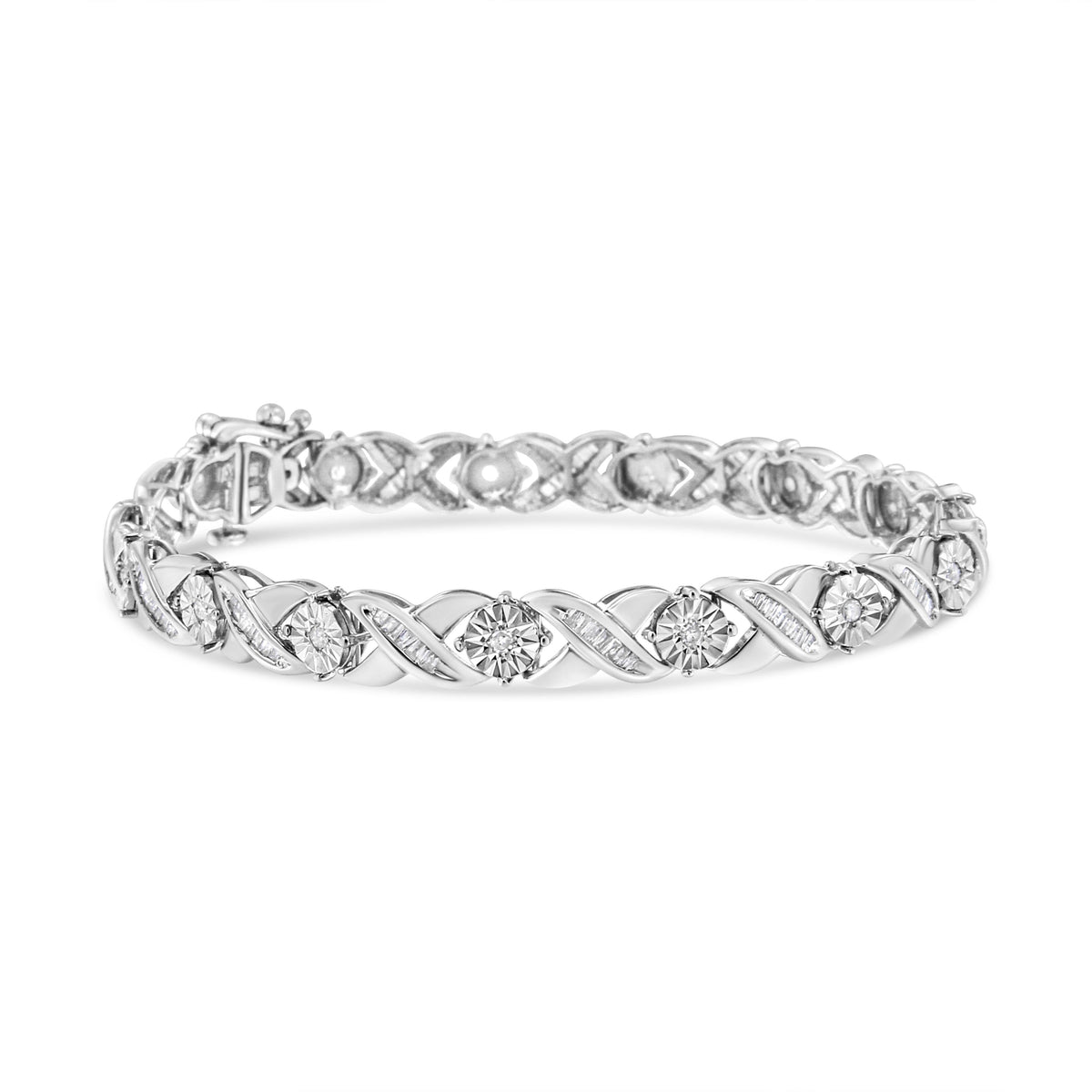 Pulsera de tenis de plata esterlina .925 con diamantes de corte redondo brillante y baguette de 1.0 quilates engarzados en milagro, tipo "X-Link", de 7" (color I-J, claridad I2-I3)