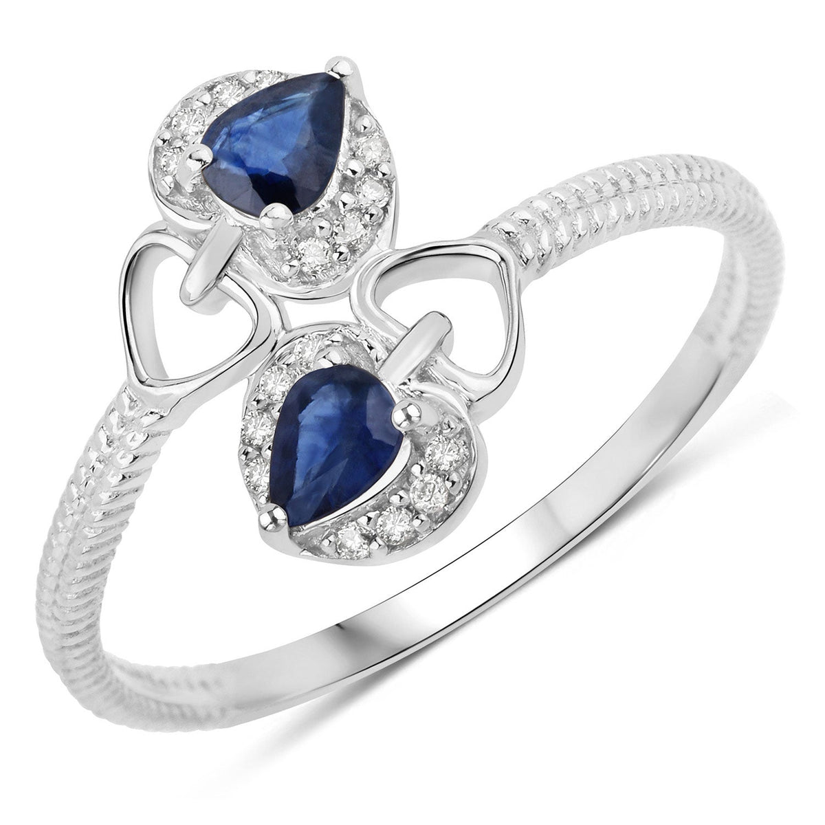 Anillo de oro blanco de 14 quilates con zafiro azul genuino de 0,34 quilates y diamante blanco