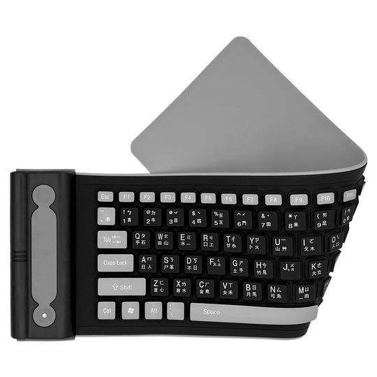 Wireless Keyboard - Soft Foldable Roll-up Silicone - Silent Typing / Waterproof (Black/Gray)