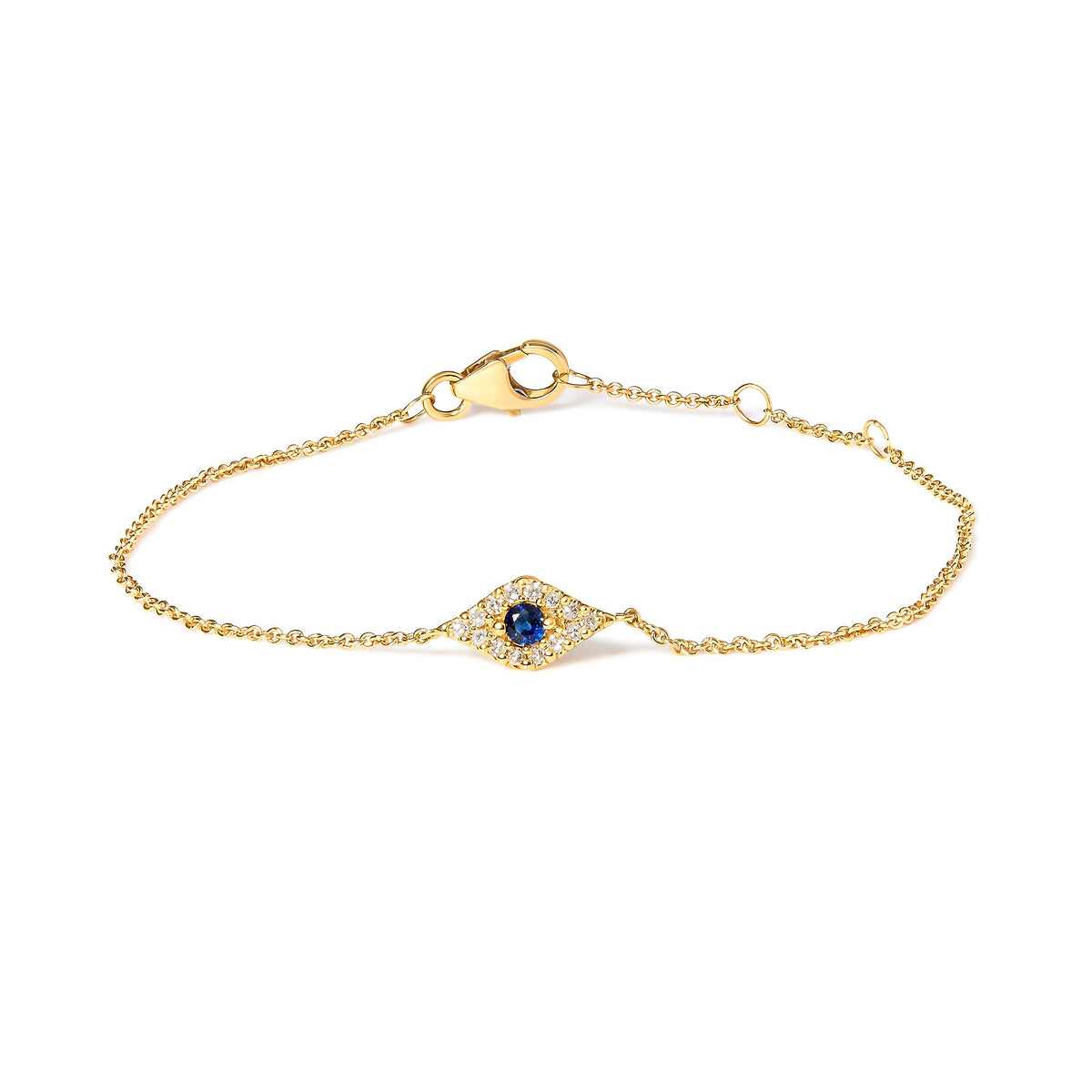 Pulsera de eslabones de estación de oro amarillo de 10 K con zafiro azul y acento de diamante de ojo turco (color H-I, claridad I1-I2) - Talla 7"