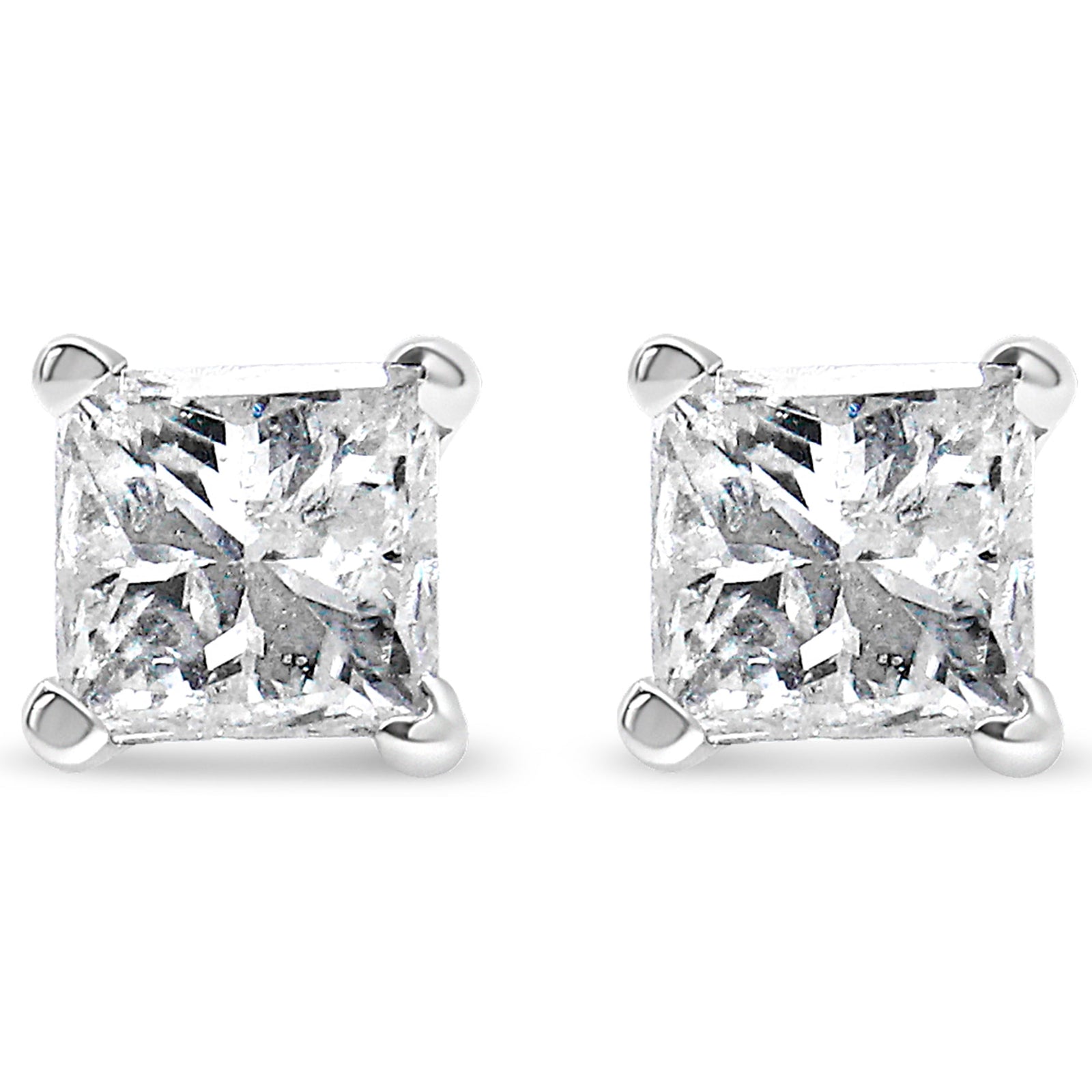 Aretes de oro blanco de 14K con diamante de talla princesa de 2/5 Cttw, montura de 4 puntas y solitario, certificados por AGS (color L-M, claridad I1-I2)