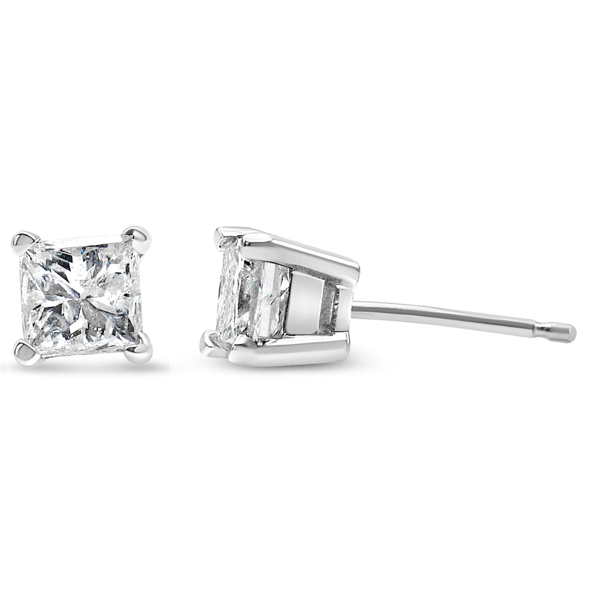 Pendientes de tuerca de oro blanco de 14k con certificación AGS, 1,0 Cttw, con diamante solitario talla princesa de 4 puntas y cierre a presión para mujer (color E-F, claridad I1-I2)