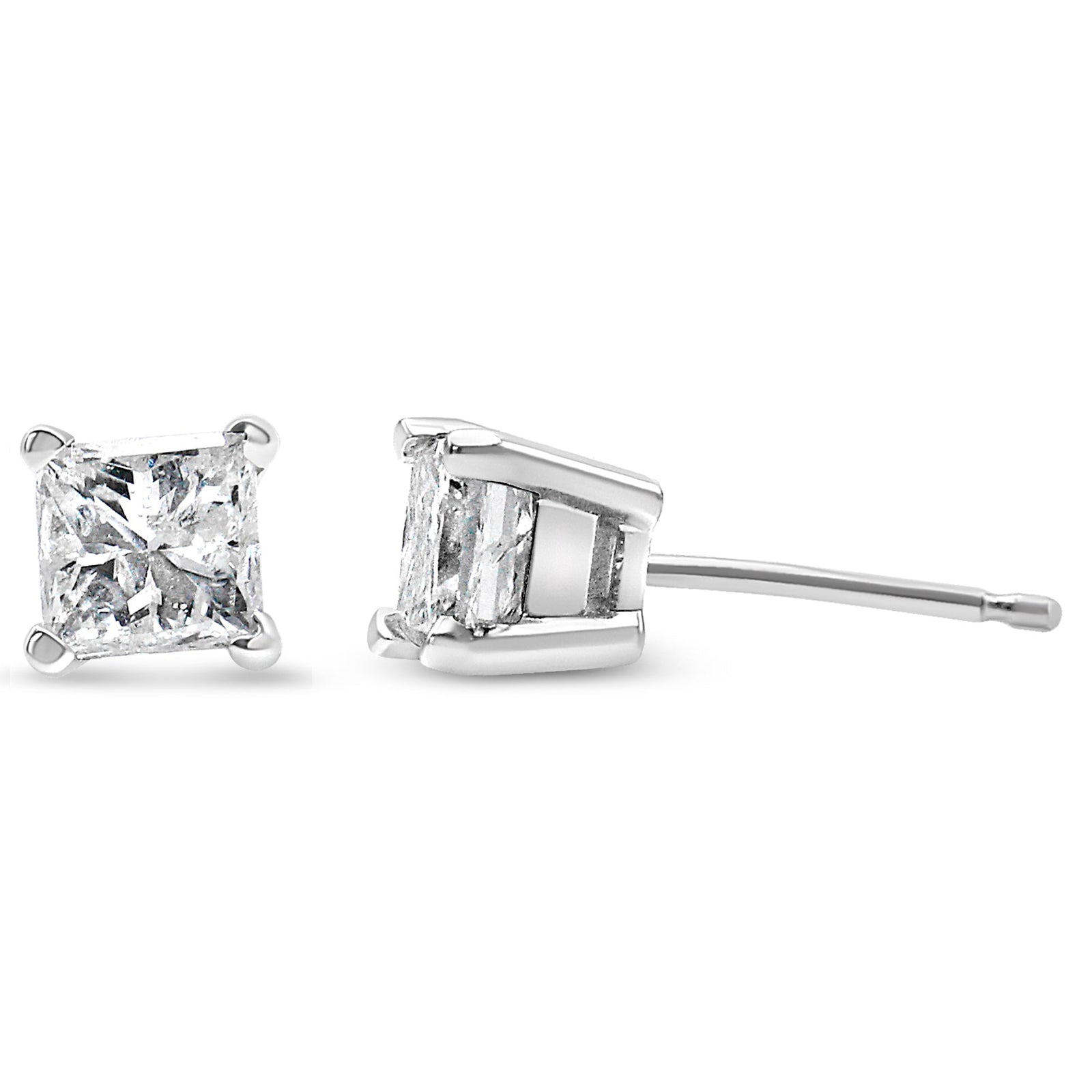 Aretes de oro blanco de 14K con diamante de talla princesa de 2/5 Cttw, montura de 4 puntas y solitario, certificados por AGS (color L-M, claridad I1-I2)
