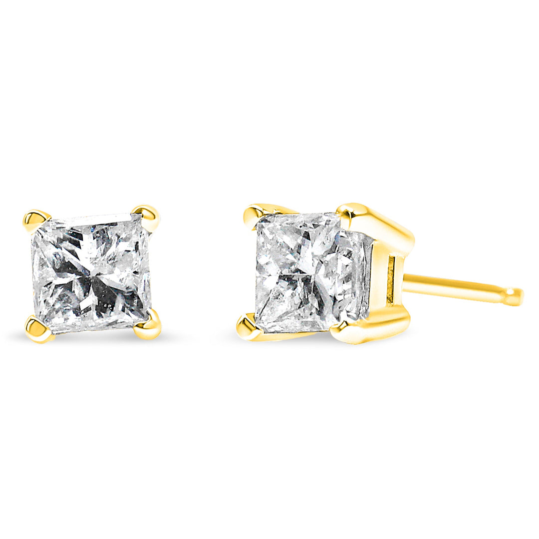 AGS Certified 14k Yellow Gold 1/4 Cttw 4-Prong Set Princess-Cut Solitaire Diamond Push Back Stud Earrings (H-I Color, SI1-SI2 Clarity)