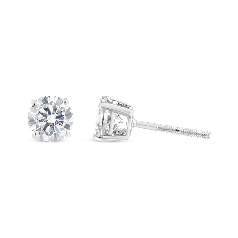Pendientes de oro blanco de 14 quilates con diamantes de talla brillante redonda de 1,00 quilates, clásicos, con 4 puntas y cierre de rosca (color H-I, claridad I1-I2)