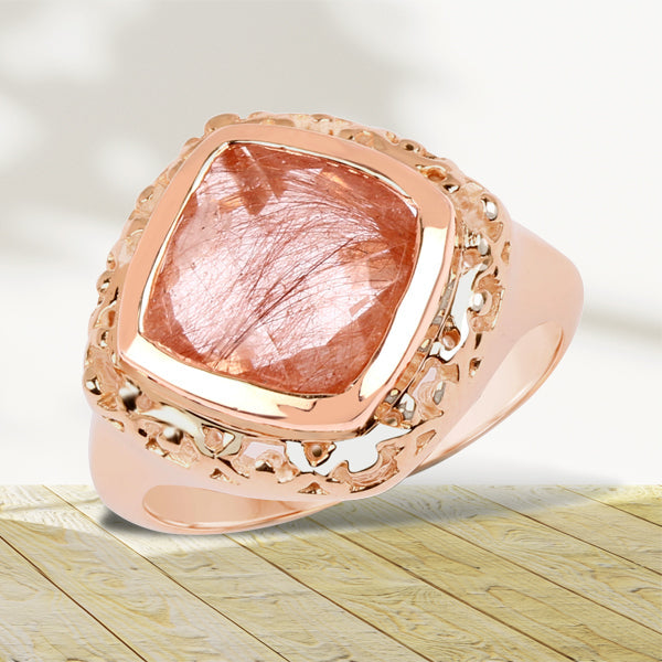 Anillo de plata de ley .925 chapado en oro rosa de 14 quilates con rutilo rosa genuino de 3,25 quilates