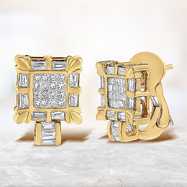 Pendientes Omega de aro tipo arracada con marco cuadrado de diamantes talla princesa y baguette de oro amarillo de 14K de 7/8 Cttw (Color H-I, Claridad SI1-SI2)