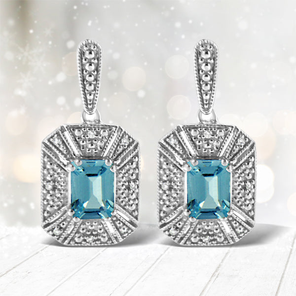Pendientes colgantes de plata de ley .925 con topacio azul talla esmeralda de 7x5 mm y detalles de diamantes estilo art déco (Color I-J, Claridad I1-I2)