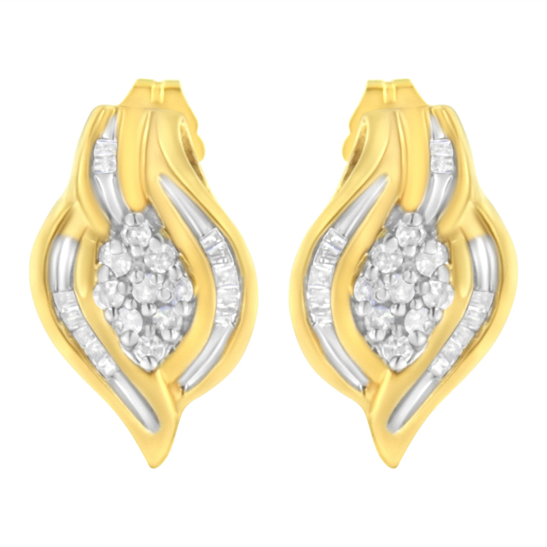 10K Yellow Gold 1/3 cttw Round-Cut Diamond Cluster and Swirl Stud Earrings (J-K Clarity, I2-I3 Color)